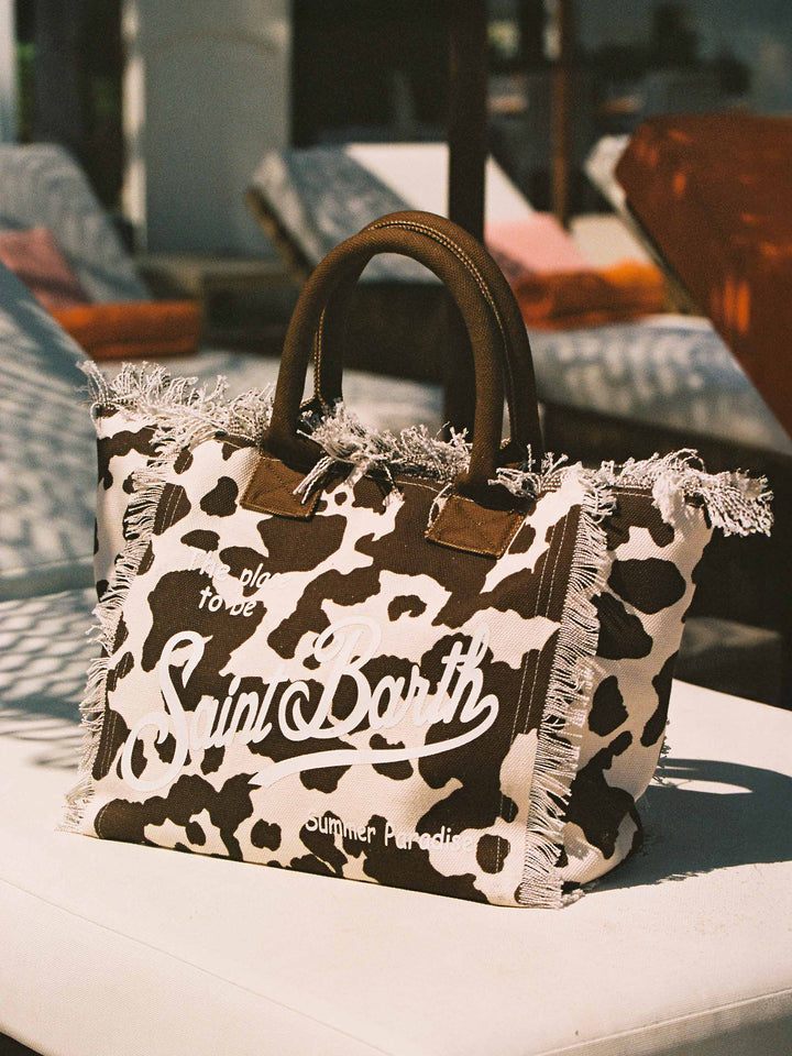 Cotton canvas Vanity tote bag with cow skin  print