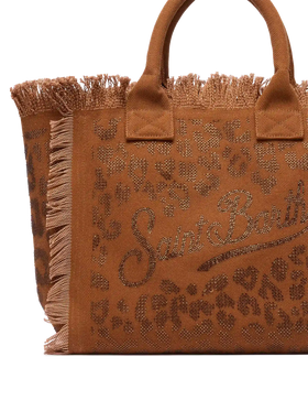 Brown cotton canvas Vanity tote bag with leopard rhinestone embellishment - MC2 Saint Barth