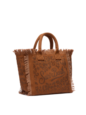 Brown cotton canvas Vanity tote bag with leopard rhinestone embellishment - MC2 Saint Barth