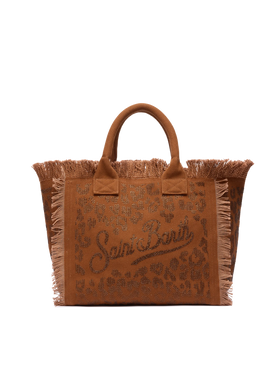 Brown cotton canvas Vanity tote bag with leopard rhinestone embellishment - MC2 Saint Barth