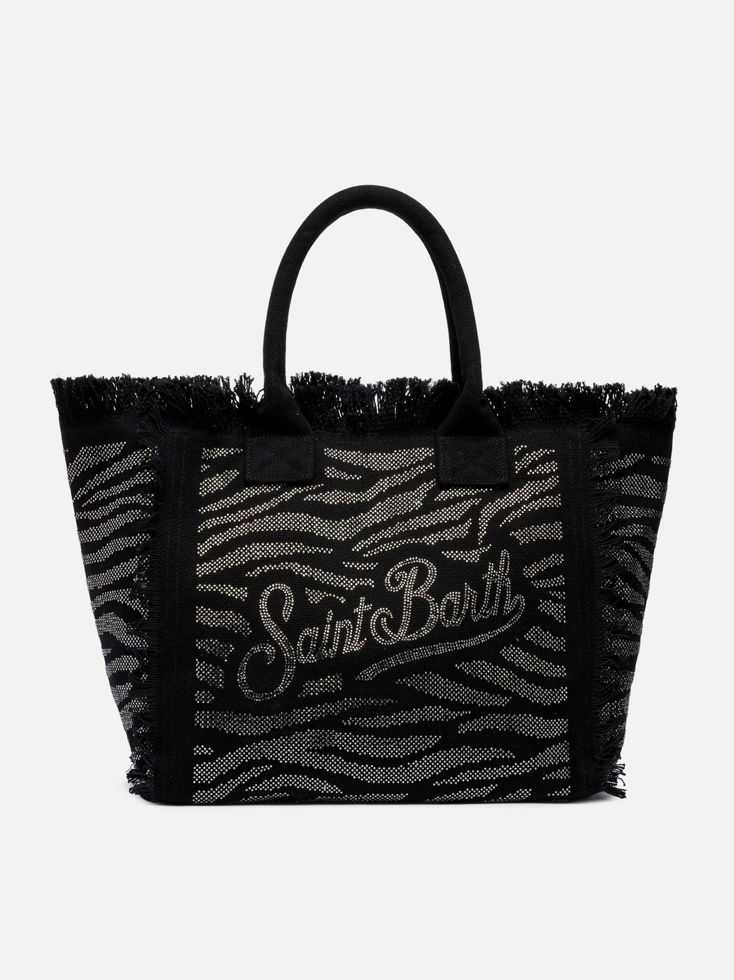 Black cotton canvas Vanity tote bag with zebra rhinestone embellishment