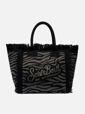 Black cotton canvas Vanity tote bag with zebra rhinestone embellishment