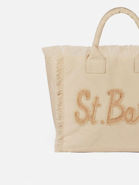 Beige cotton canvas Vanity tote bag with St. Barth patch logo