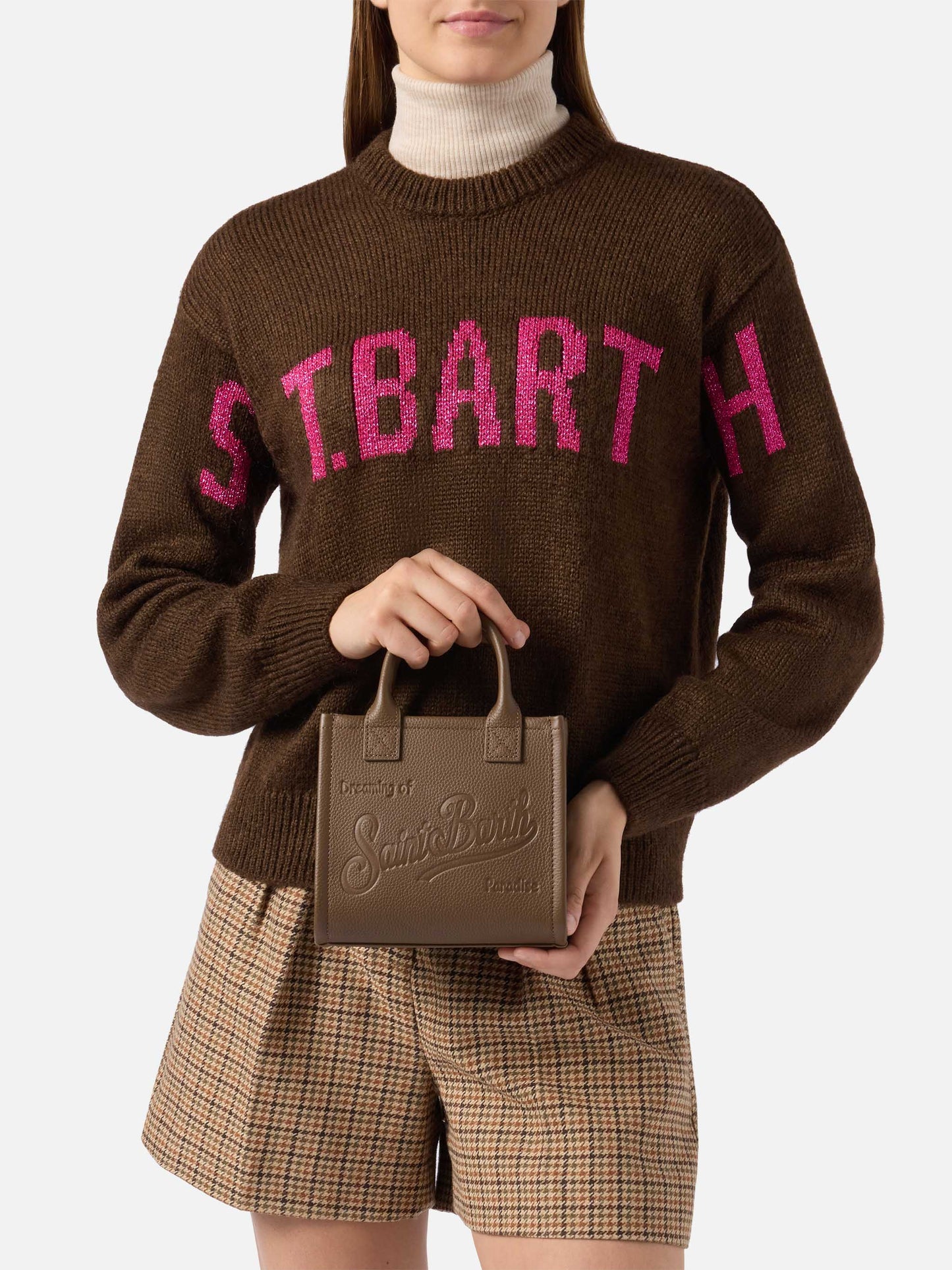 Vanity Bag Mini-Schultertasche aus braunem, gehämmertem Leder