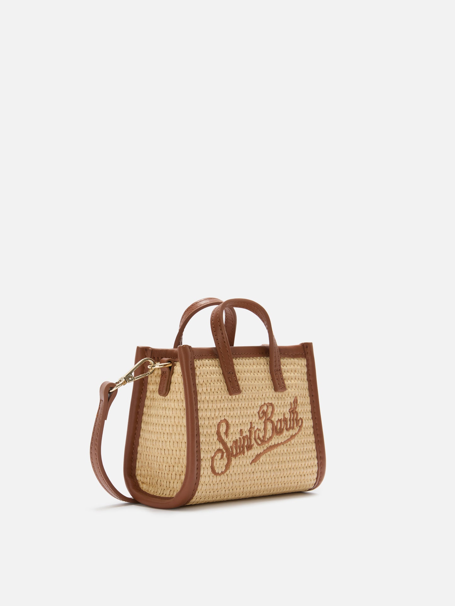 Borsa Vivian micro effetto raffia con logo marrone ricamato