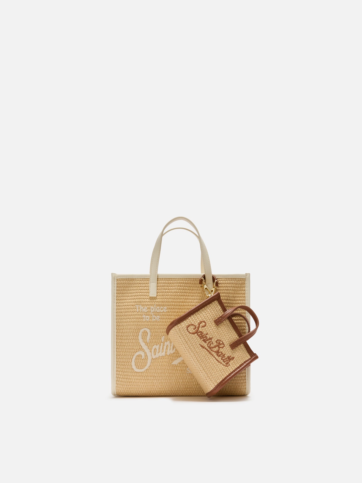 Borsa Vivian micro effetto raffia con logo marrone ricamato
