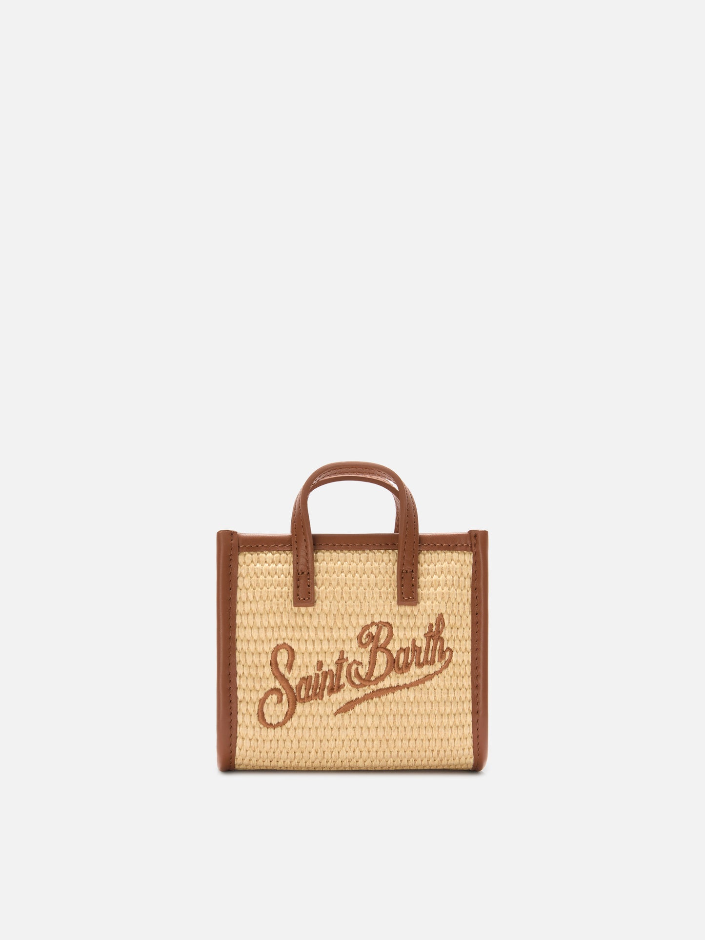 Vivian micro straw effect bag with brown embroidered logo