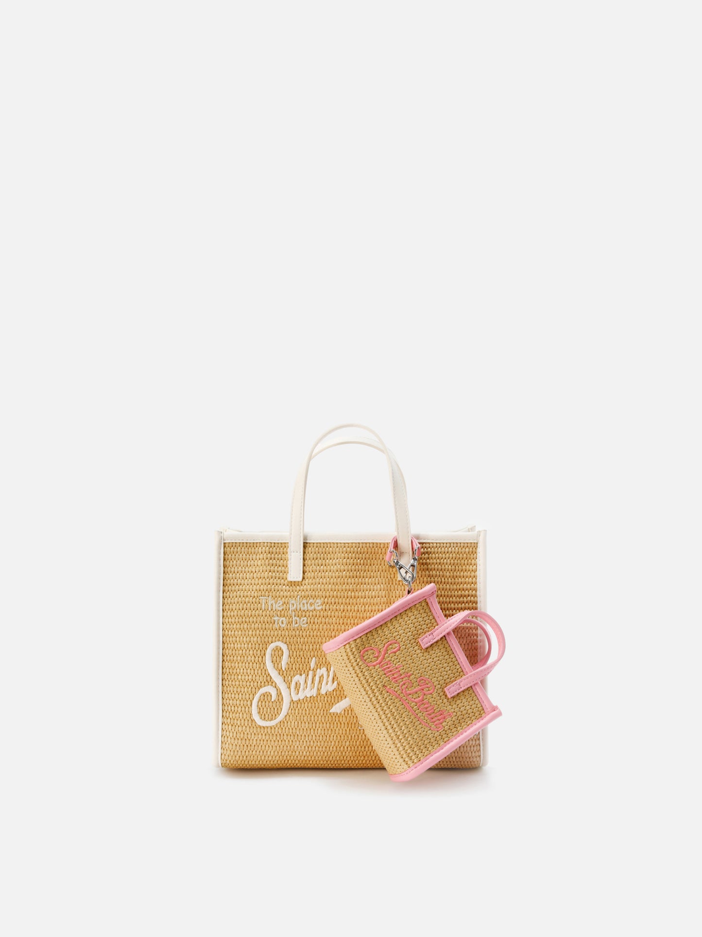 Vivian micro raffia effect bag with pink embroidered logo