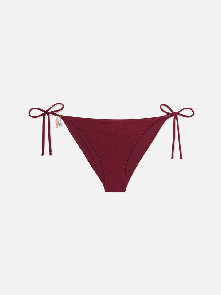 Virgo classic bikini bottoms in burgundy glossy-finish fabric with charm details