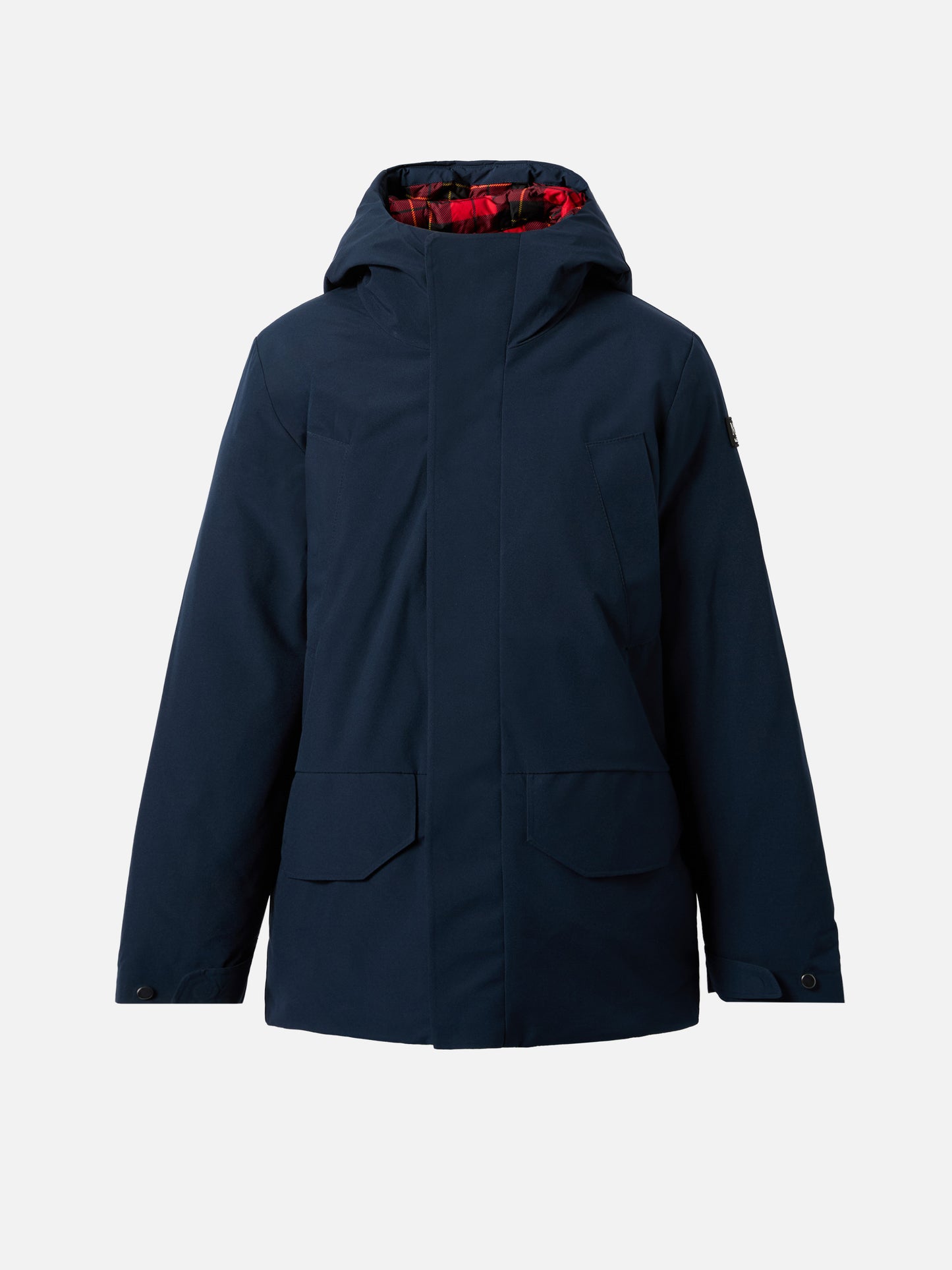 Marineblaue Parkajacke Voyager Jr mit Kapuze und Tartanfutter