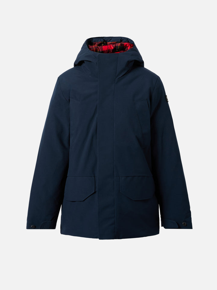 Hooded navy blue parka jacket Voyager Jr with tartan lining