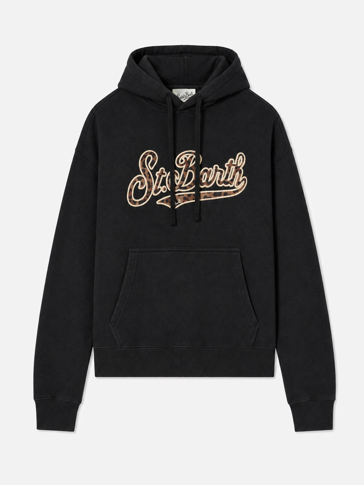 Sweat à capuche Virginia en coton noir avec broderie St. Barth à imprimé animalier 