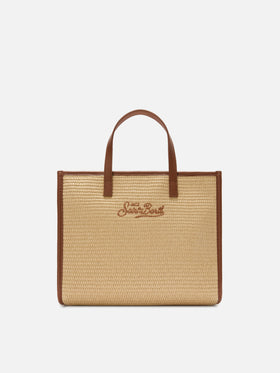 Vivian medium straw effect bag with brown embroidered logo