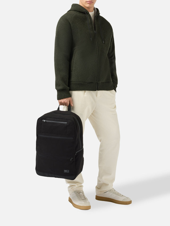 Wallin Filzrucksack aus schwarzem Wollmischgewebe mit Lederdetails