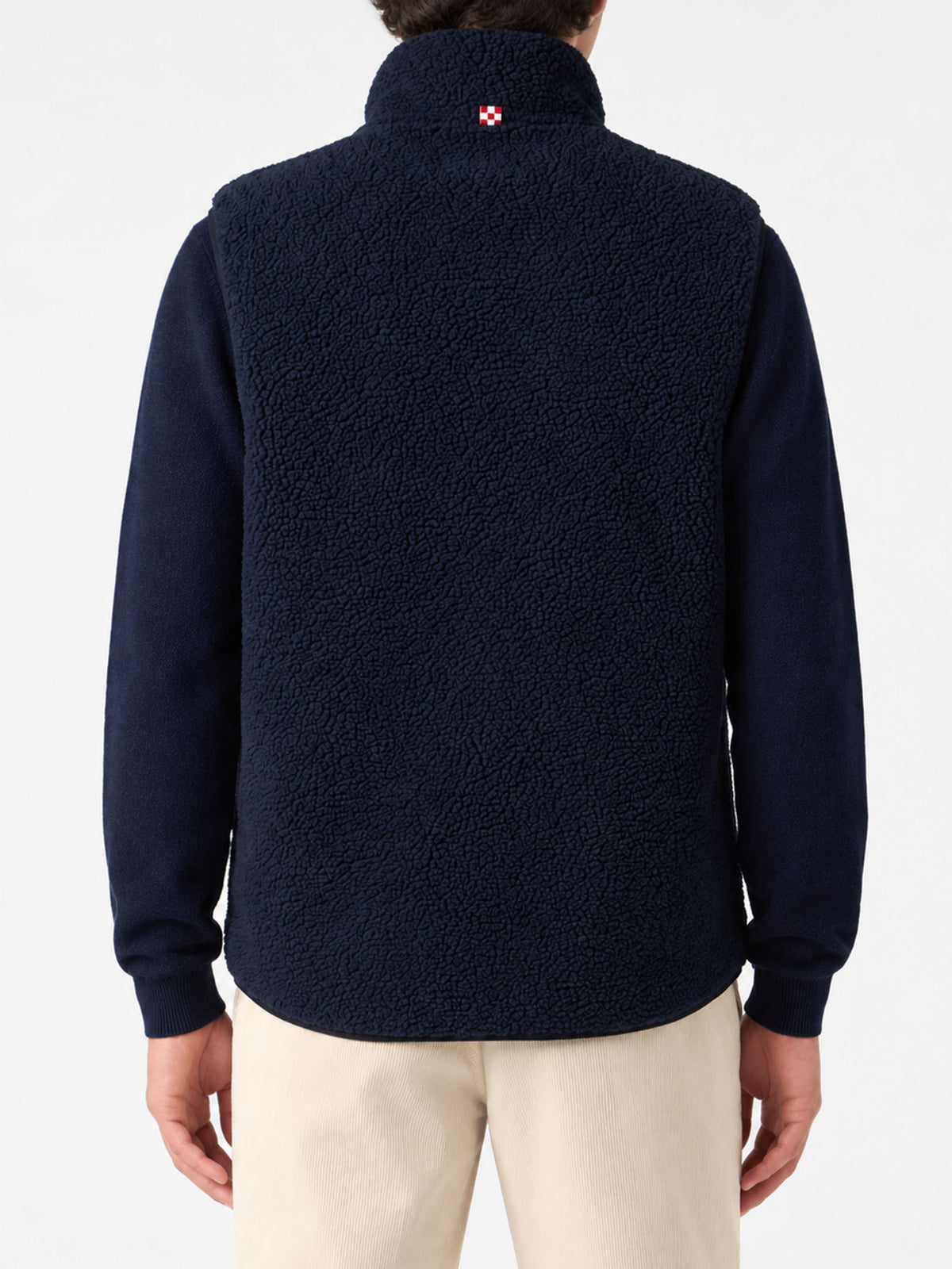 Chaleco sherpa azul Wanaka con bolsillos de cuadros 