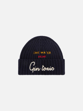 Navy blue Wengen beanie with Save Water Drink Gin Tonic embroidery