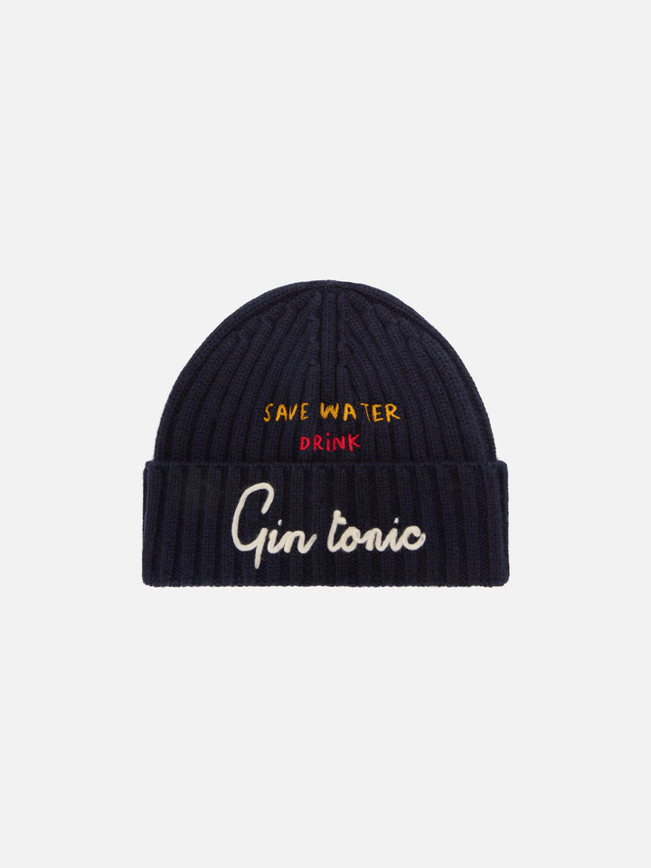 Navy blue Wengen beanie with Save Water Drink Gin Tonic embroidery