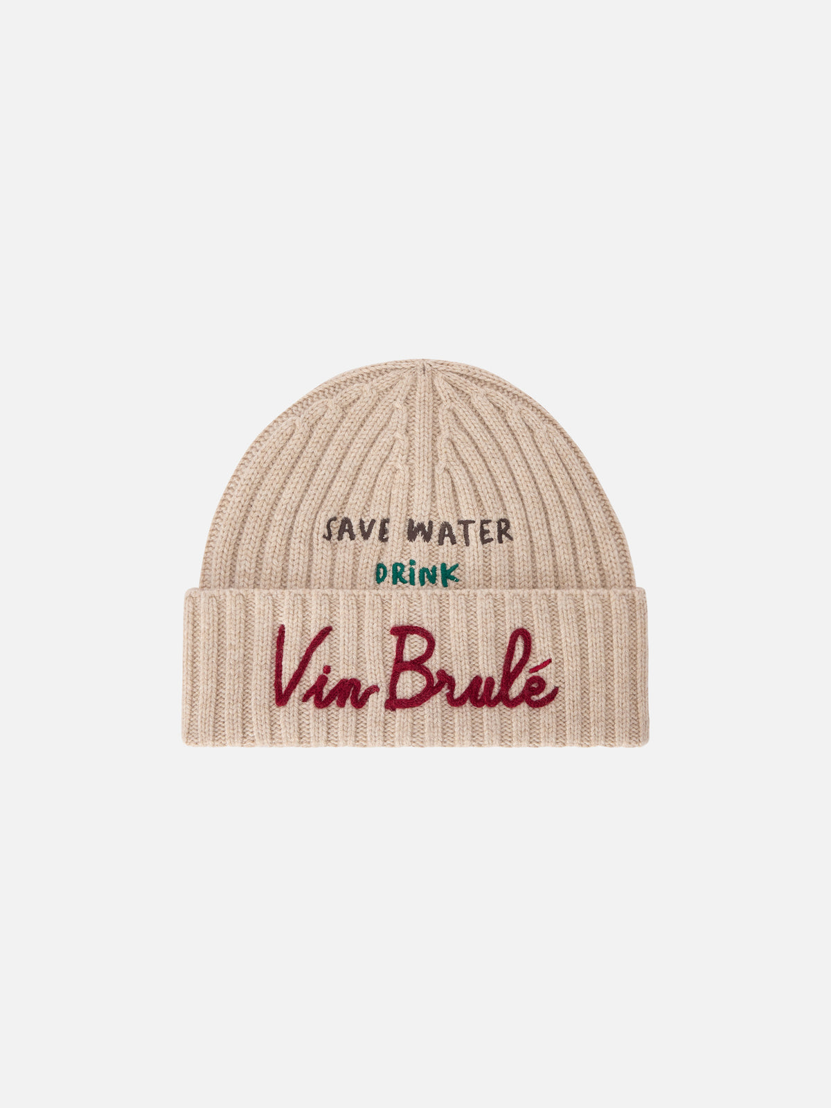 Beige Wengen beanie with Save Water Drink Vin Brulé embroidery