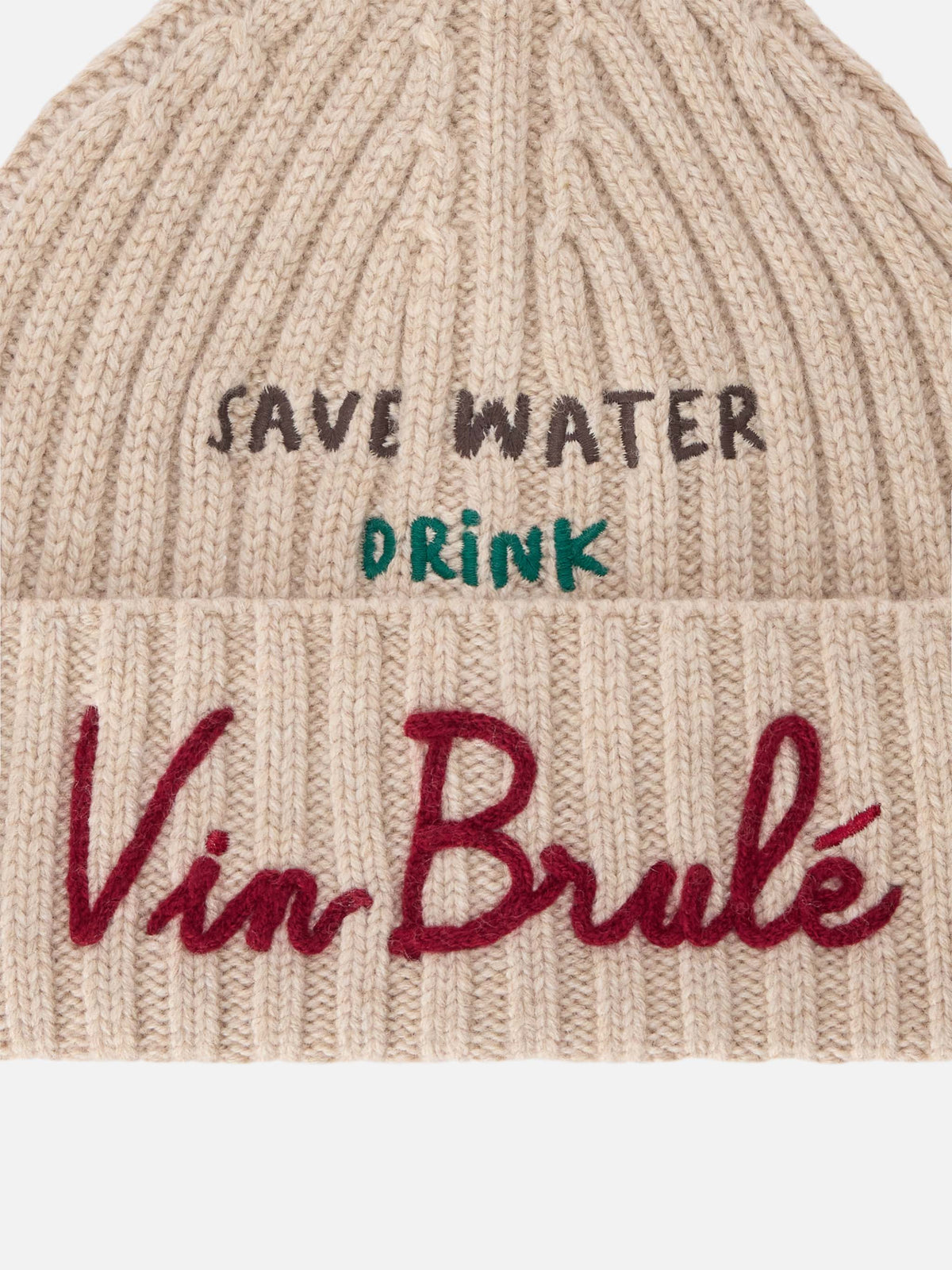 Beige Wengen beanie with Save Water Drink Vin Brulé embroidery