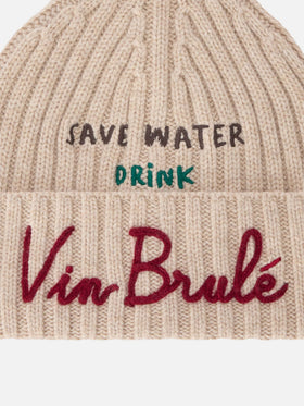 Beige Wengen beanie with Save Water Drink Vin Brulé embroidery