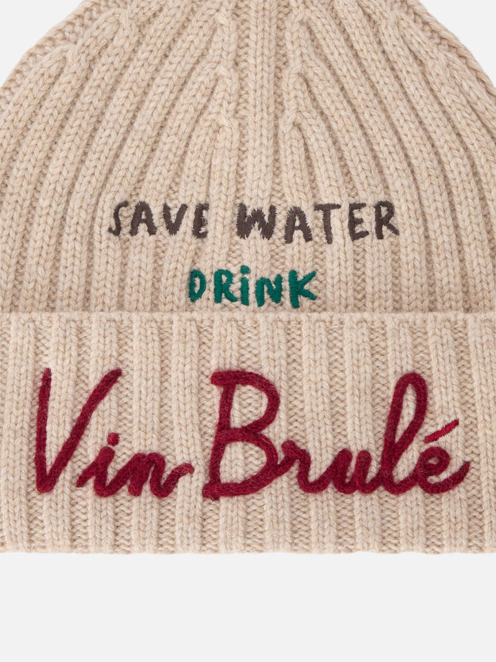 Bonnet Wengen beige avec broderie Save Water Drink Vin Brulé 