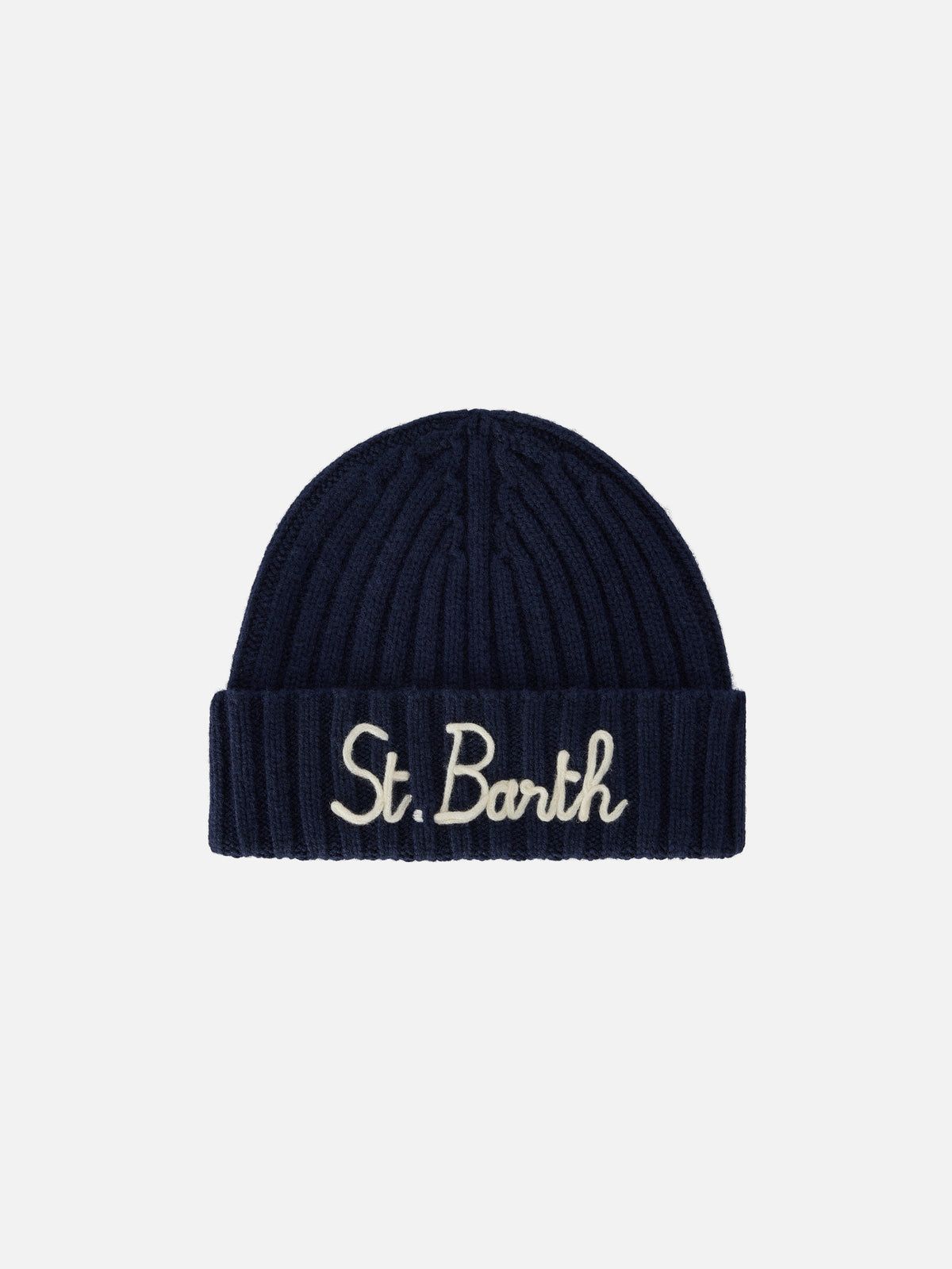 Bonnet Wengen bleu marine blue avec broderie St. Barth 