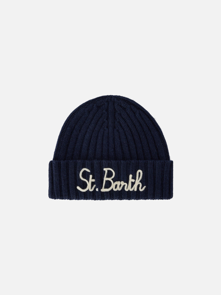 Bonnet Wengen bleu marine blue avec broderie St. Barth 