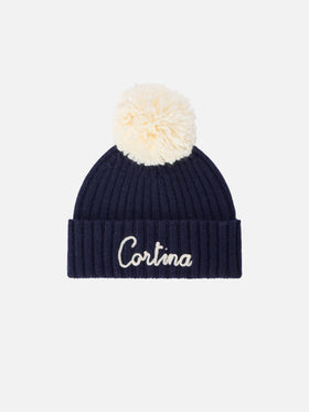 Gorro Wengen Navy blue con pompón y bordado Cortina 
