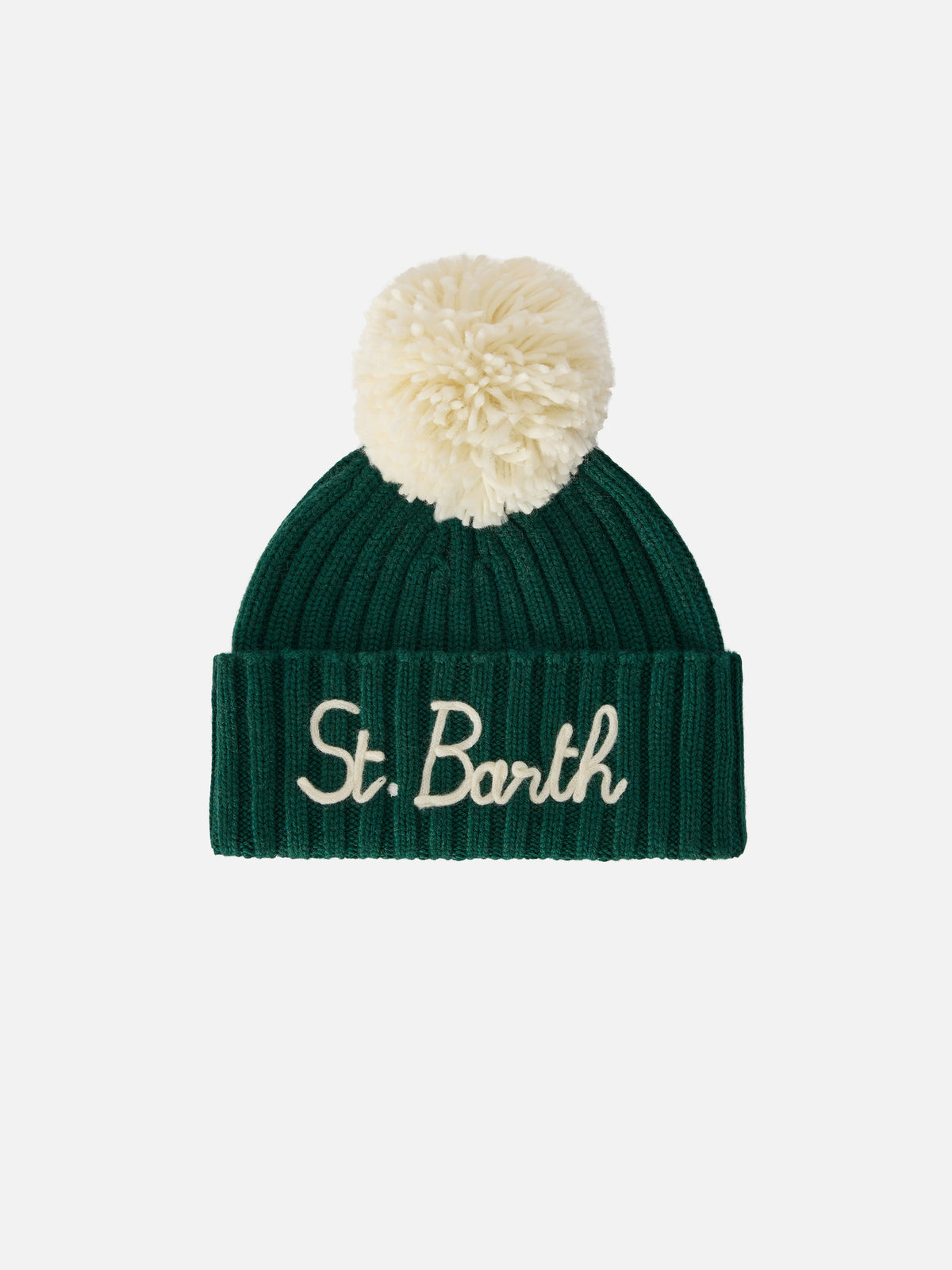 Berretto Wengen verde con pompon e ricamo St. Barth