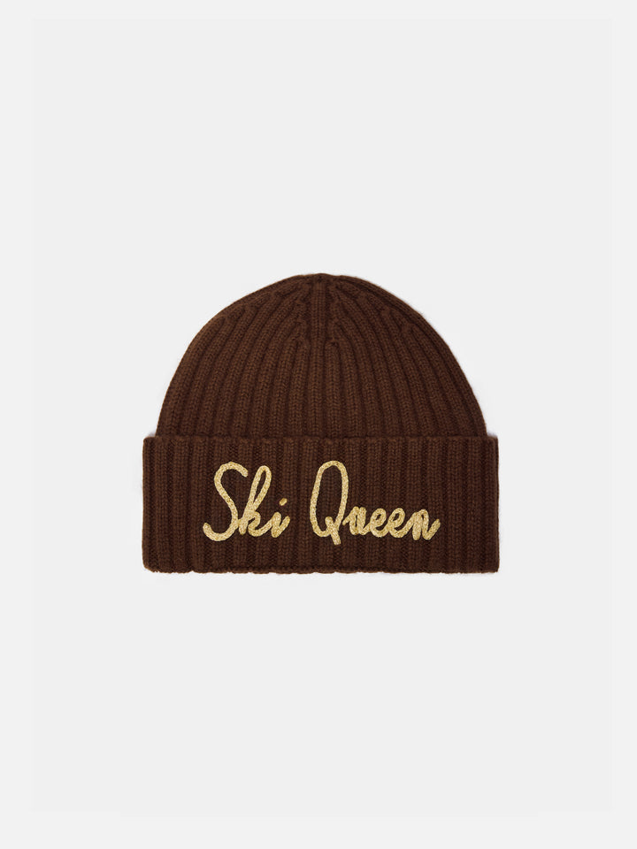 Cashmere blend Wengen beanie in brown with lurex Ski Queen embroidery