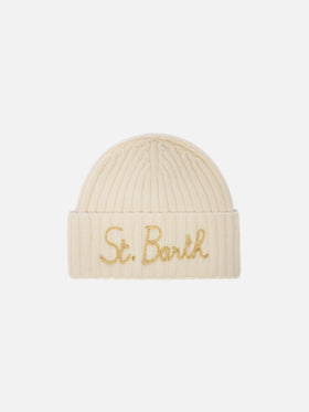 Cashmere blended Wengen beanie in white with lurex St. Barth embroidery