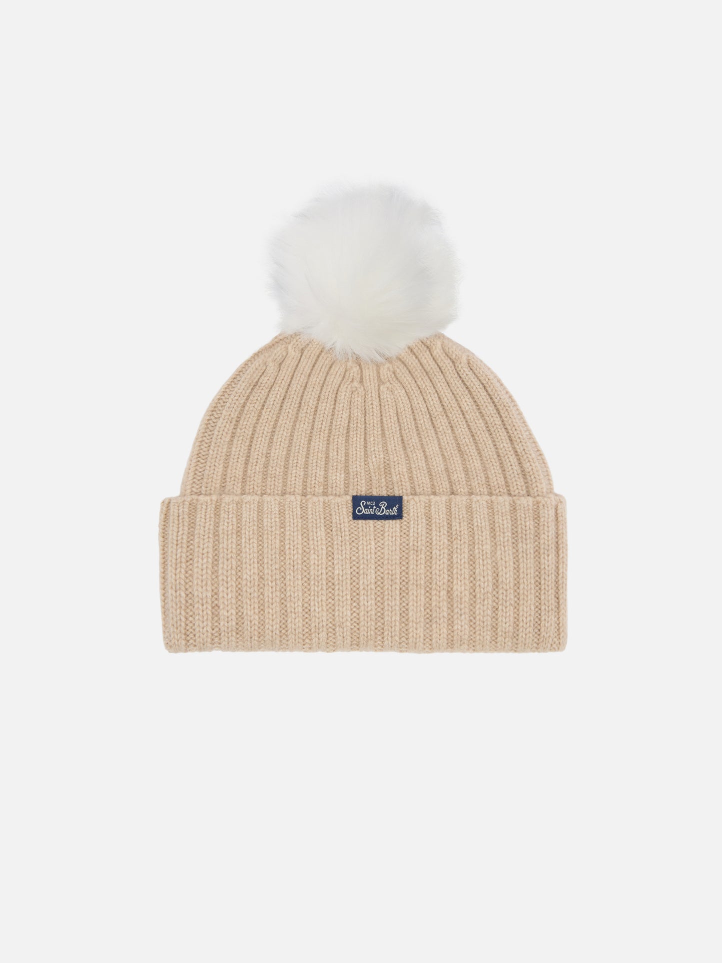 Wengen beanie in cashmere blend in beige with lurex Après Chic embroidery and pom-pom