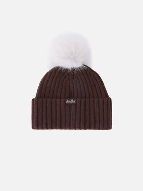 Brown Wengen beanie with pompom and Fabulous embroidery