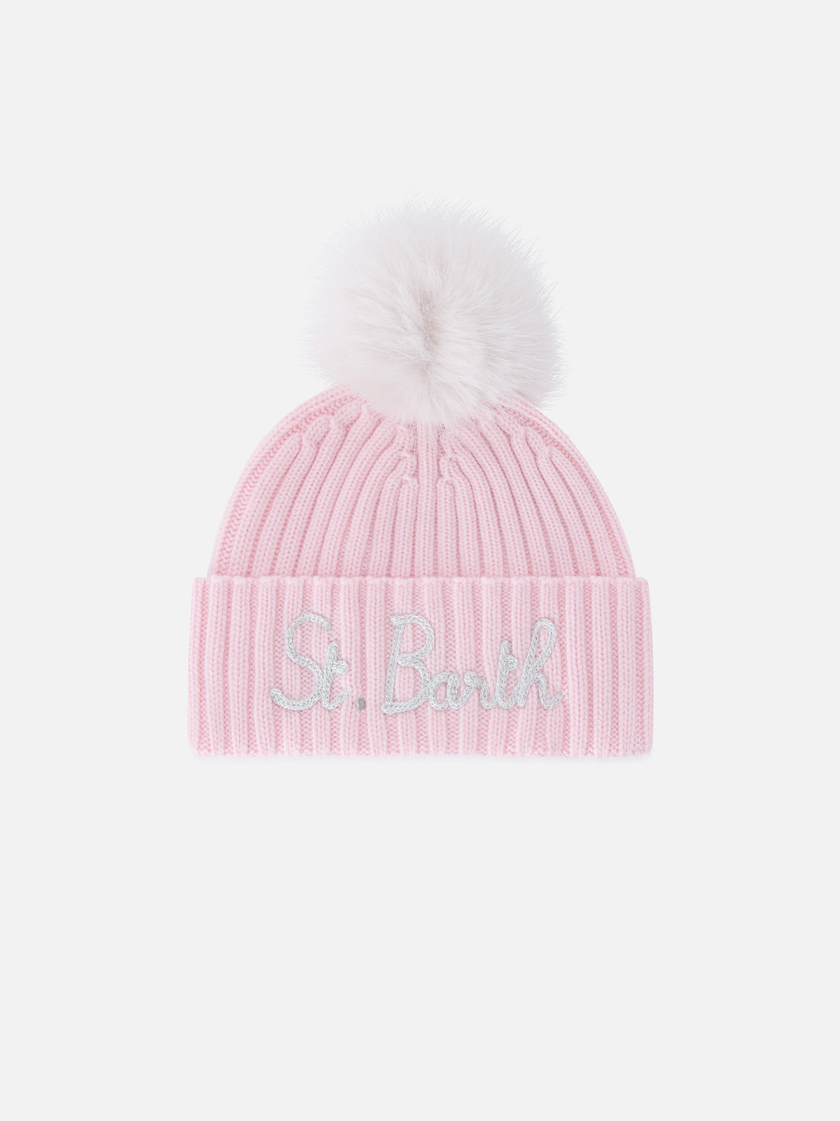 Pink Wengen beanie with pompom and St. Barth embroidery