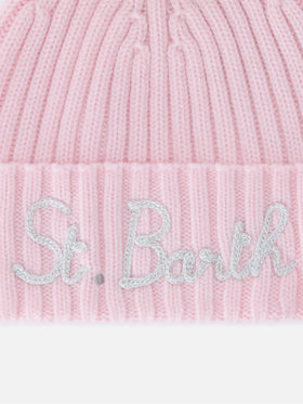 Pink Wengen beanie with pompom and St. Barth embroidery