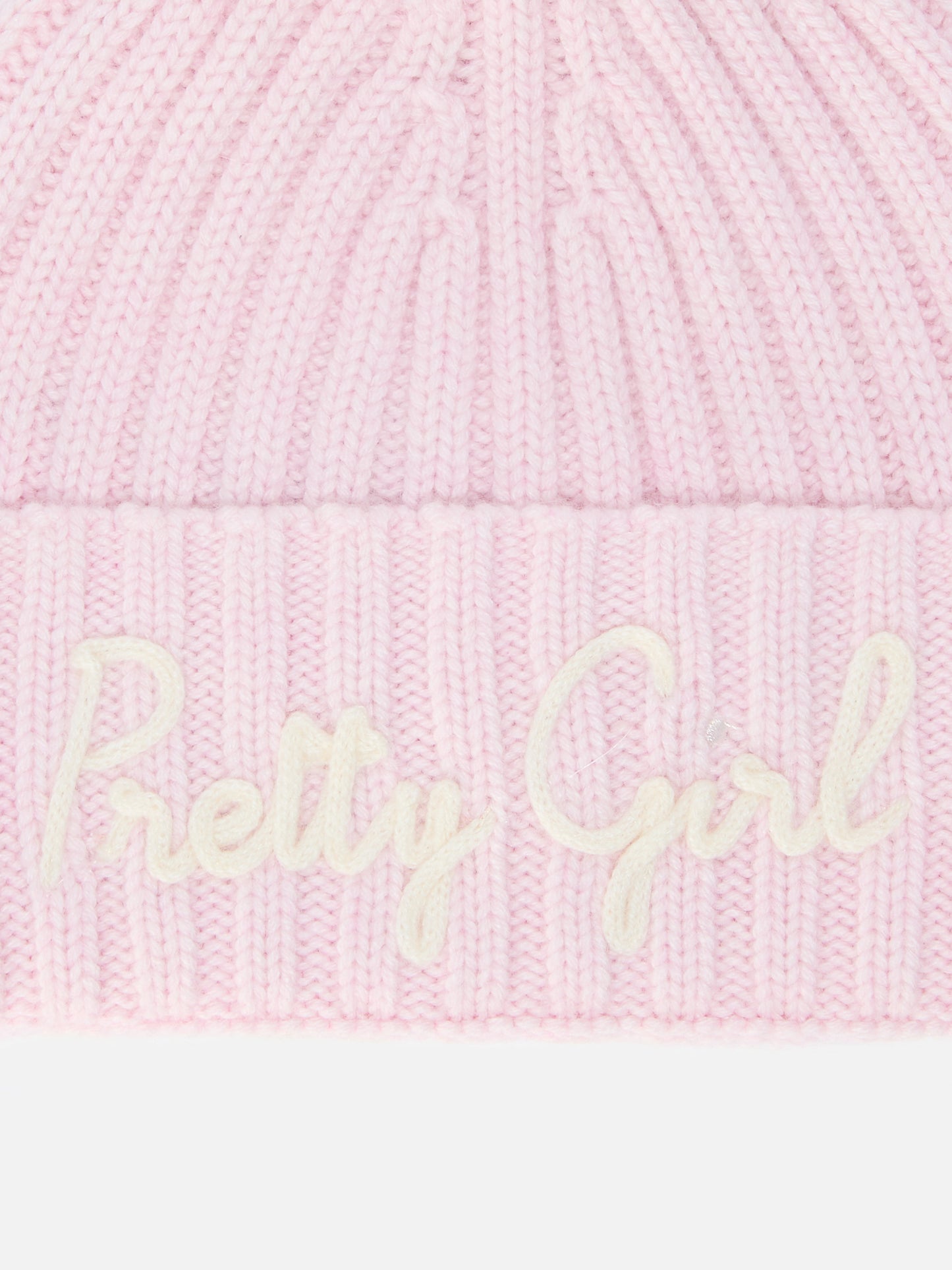 Wengen Jr F beanie in cashmere blend in pink with Pretty Girl embroidery
