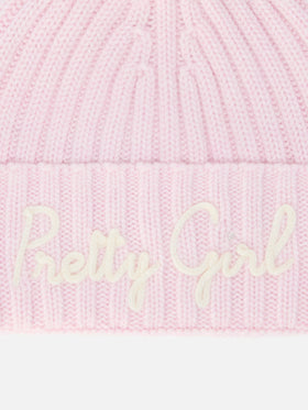 Wengen Jr F beanie in cashmere blend in pink with Pretty Girl embroidery