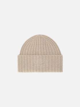 Wengen beanie in cashmere in khaki with St. Barth embroidery on the turn-up
