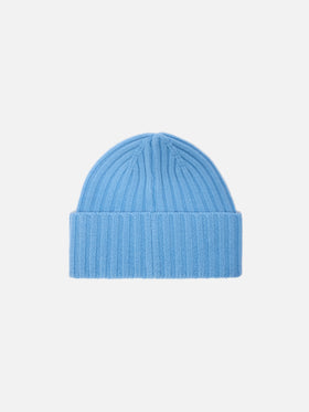 Wengen beanie in cashmere in light blue with St. Barth embroidery on the turn-up