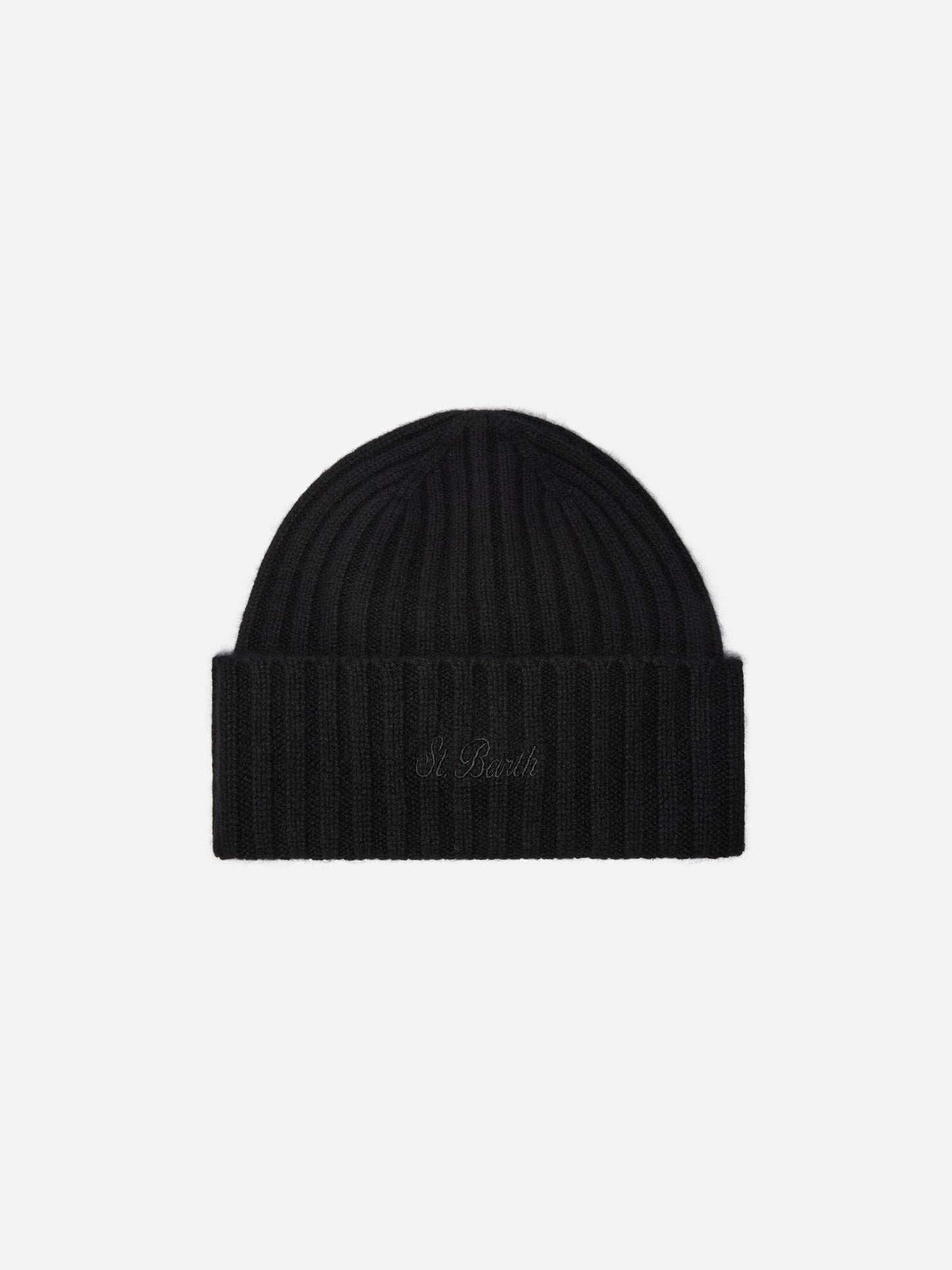 Wengen beanie in cashmere in black with St. Barth embroidery on the turn-up