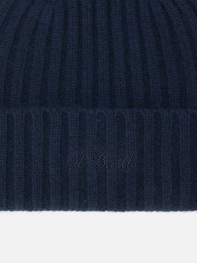 Wengen beanie in cashmere in navy blue with St. Barth embroidery on the turn-up
