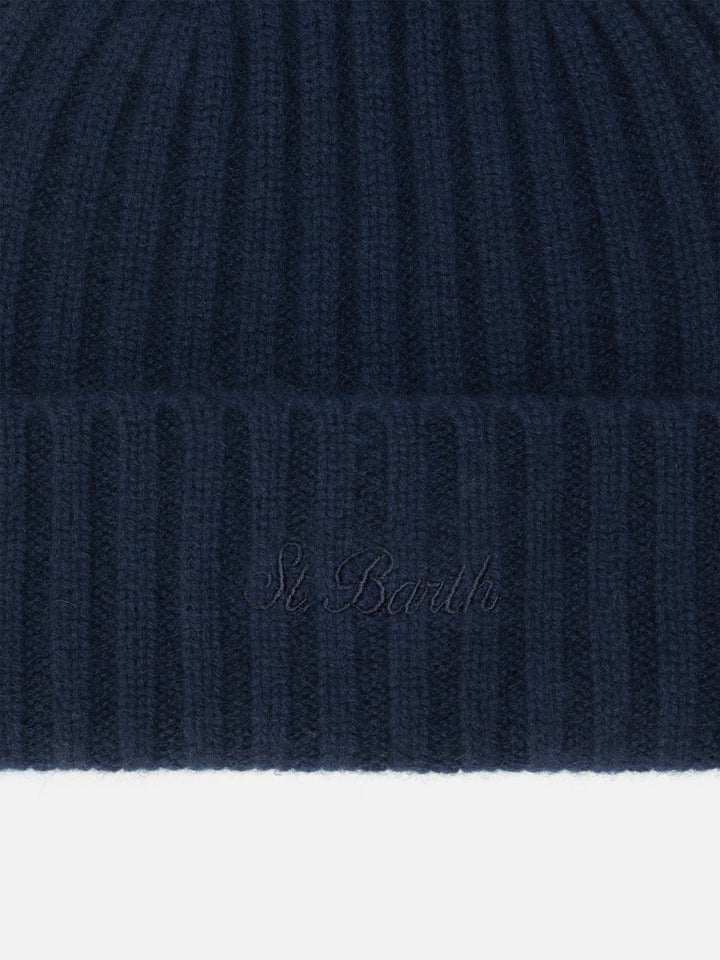 Berretto  Wengen in cashmere blu notte con Ricamo St. Barth sul risvolto