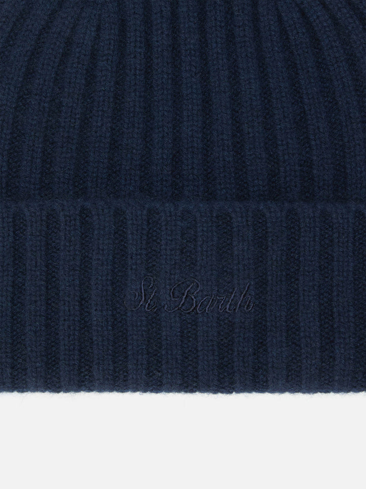 Berretto  Wengen in cashmere blu notte con Ricamo St. Barth sul risvolto
