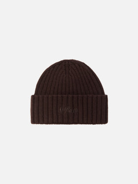 Dunkelbraune Wengen Beanie aus Wolle mit Logo-Stickerei 