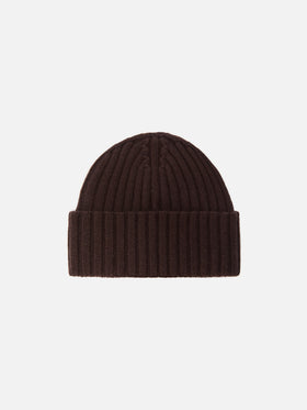 Dunkelbraune Wengen Beanie aus Wolle mit Logo-Stickerei 