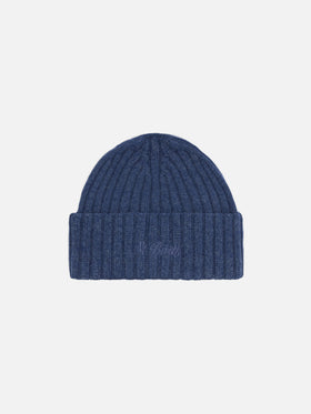 Berretto Wengen in blu denim con ricamo St. Barth sul risvolto