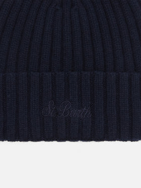 Night blue Wengen wool beanie with logo embroidery