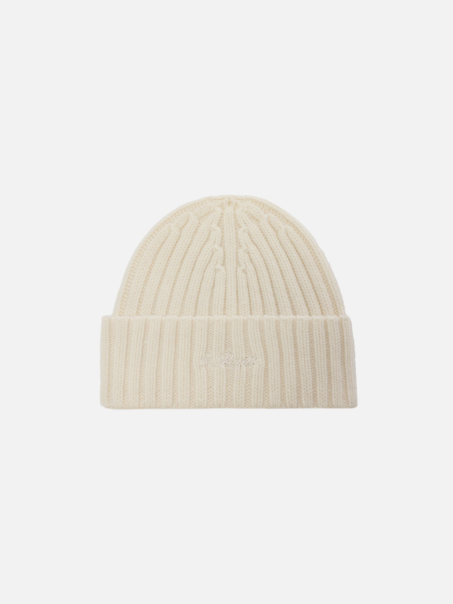 Bonnet Wengen en blanc cassé 100% WOOL avec broderie St. Barth 