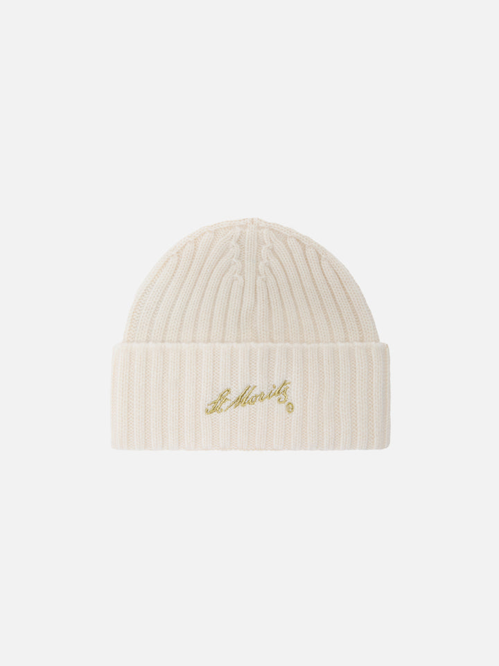 Wengen beanie in pink cashmere with St. Moritz embroidery