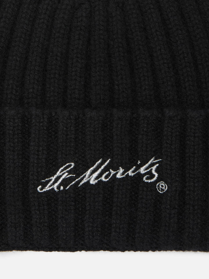 Wengen beanie in black cashmere with St. Moritz embroidery
